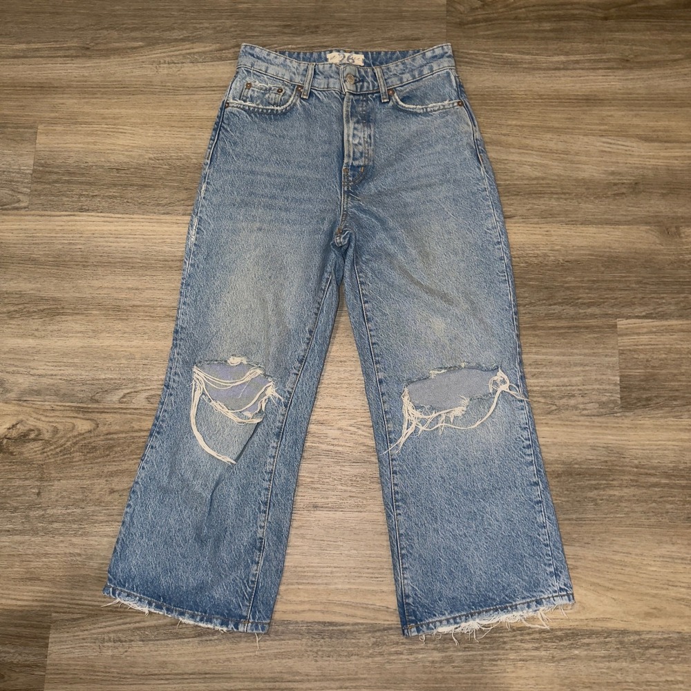 Free People Distressed Light Blue Cropped Wide Leg Jeans